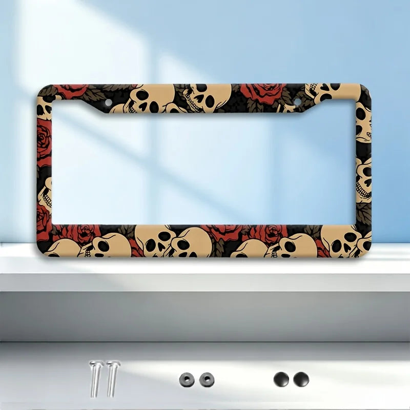 Aluminum License Plate Frame – Vintage Skull & Red Rose License Plate Frame HIP