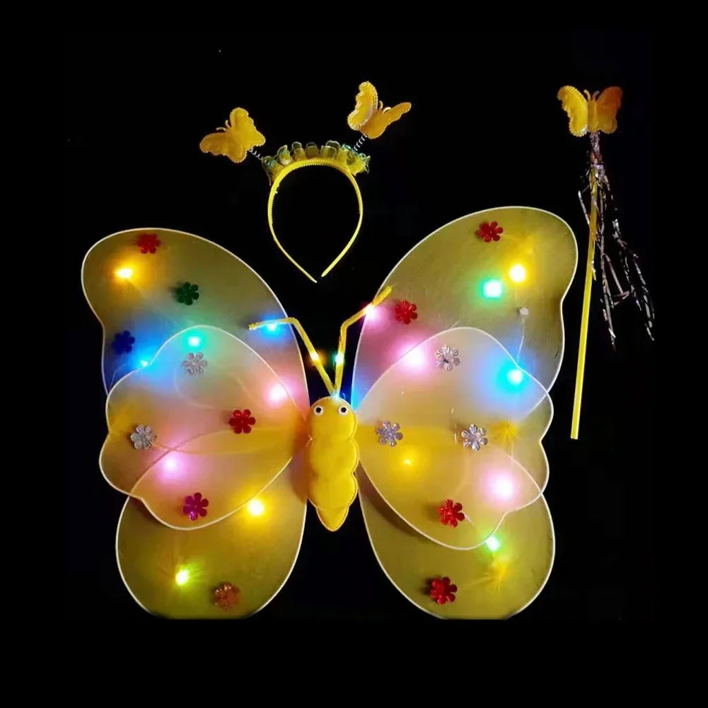 3/4Pcs/Set Double Layers Girls Led Flashing Light Fairy Butterfly Wing Wand Headband Costume Toy Gift Halloween Decoration HIP 3pcs Yellow