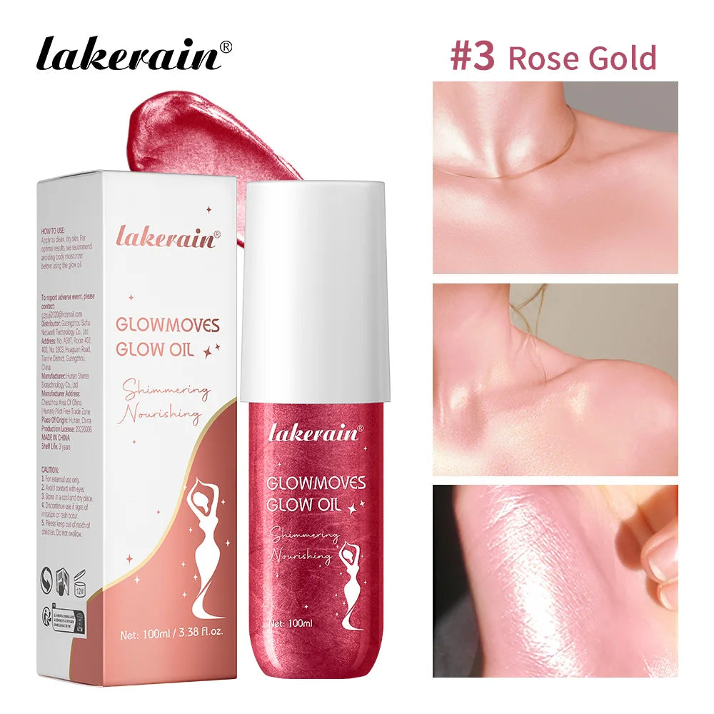Glowmotions Glow Body Oil 100ml Hydrating Softening Brazilian Shimmer Bronze Non-Greasy Non-Sticky Formula for Beachside Party HIP 3Rose Gold