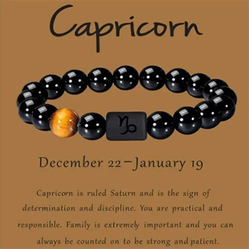 12 Constellation Zodiac Signs Beads Couples Bracelet Natural Black Onyx Stone Elastic Charm Bracelet for Women Men Birthday Gift HIP