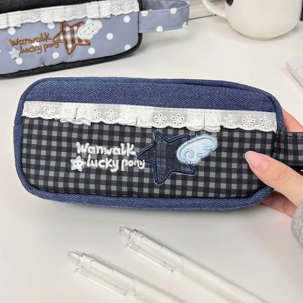 Lace Plaid Canvas Pencil Pouch – Large Capacity Pen Bag Pencil Pouch HIP 03