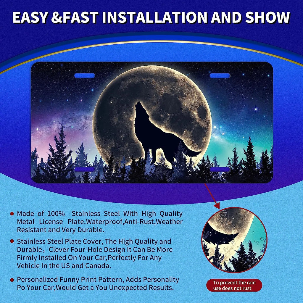 Wolf Moon Aluminum License Plate – Rust-Proof 12x6 In Decorative License Plate HIP