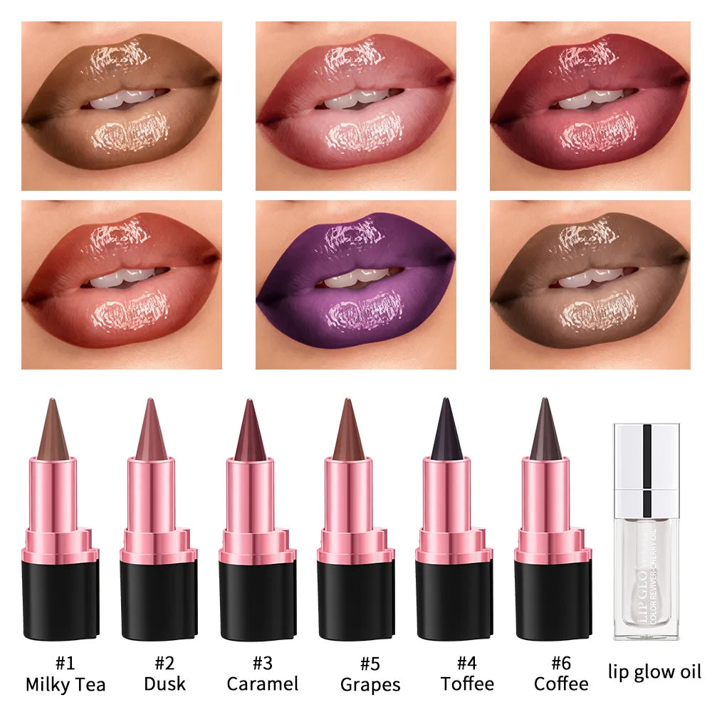 Lip Gloss & Lip Liner Set Long Lasting HydratingLip Gloss Lip Stain Contour for Every Makeup Style Women Lip Cosmetics Kit HIP