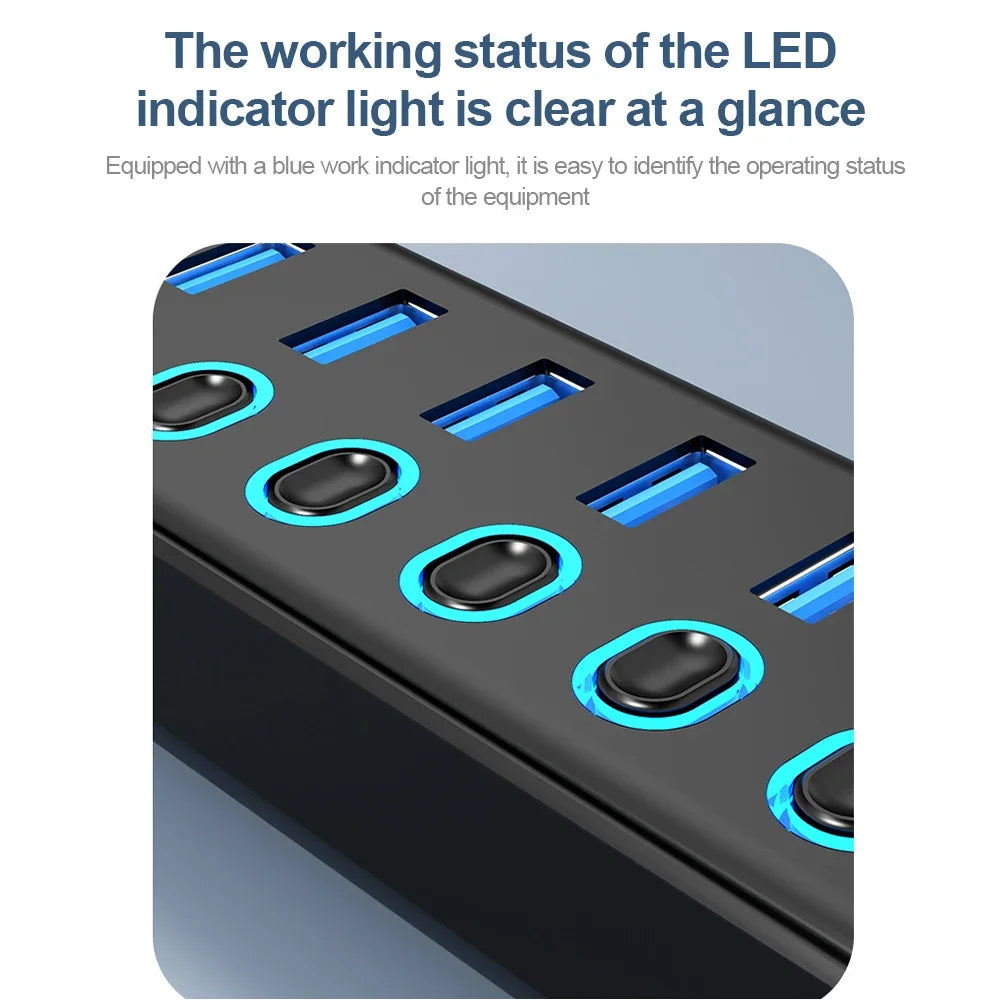 KEBIDUMEI 7-Port USB 3.0 Hub | Individual Switches & USB-C USB Hub HIP