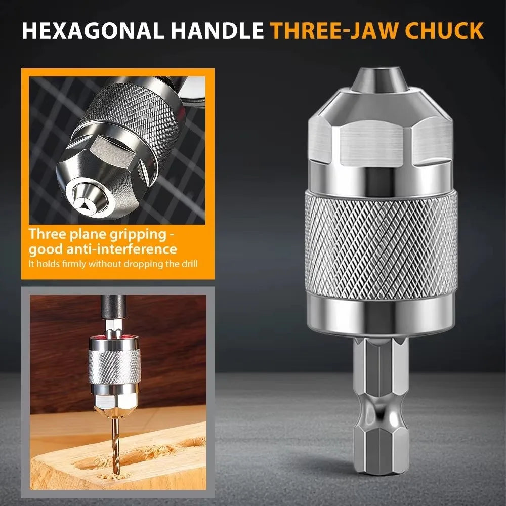 Self-Tightening 3-Jaw Drill Chuck Adapter 1.5–6.5mm ¼" Hex Shank Drill Chuck Adapter HIP