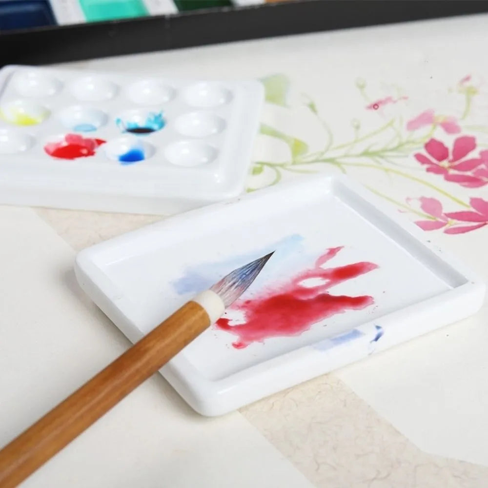 12-Grid White Porcelain Watercolor Paint Palette with Lid Paint Mixing Palette HIP