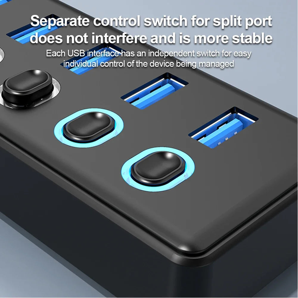 KEBIDUMEI 7-Port USB 3.0 Hub | Individual Switches & USB-C USB Hub HIP