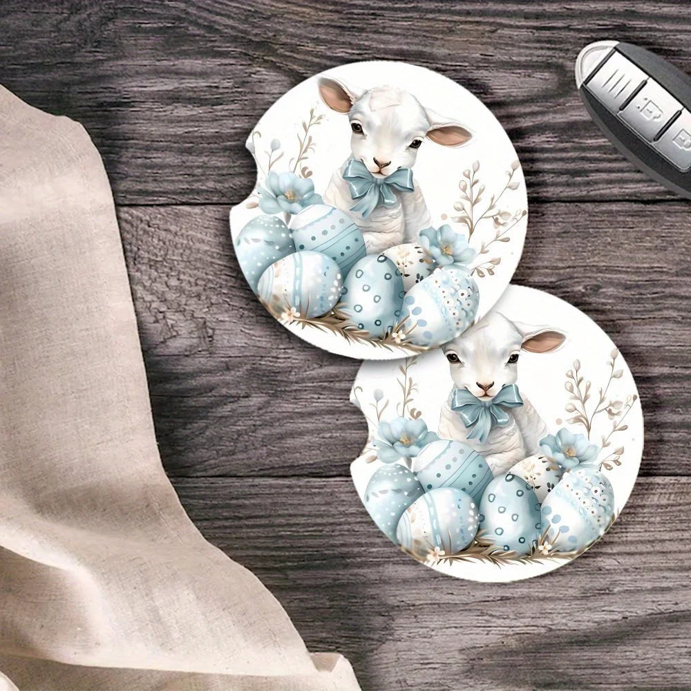 2-Pack Easter Lamb Floral Acrylic Car Coasters – Heat-Resistant Acrylic Car Coasters HIP