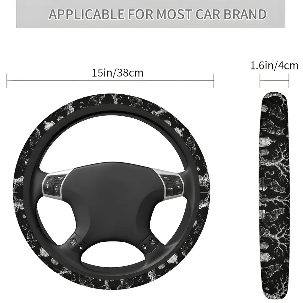 Black Cat Skull Gothic Steering Wheel Cover | Soft Grip Steering Wheel Cover HIP
