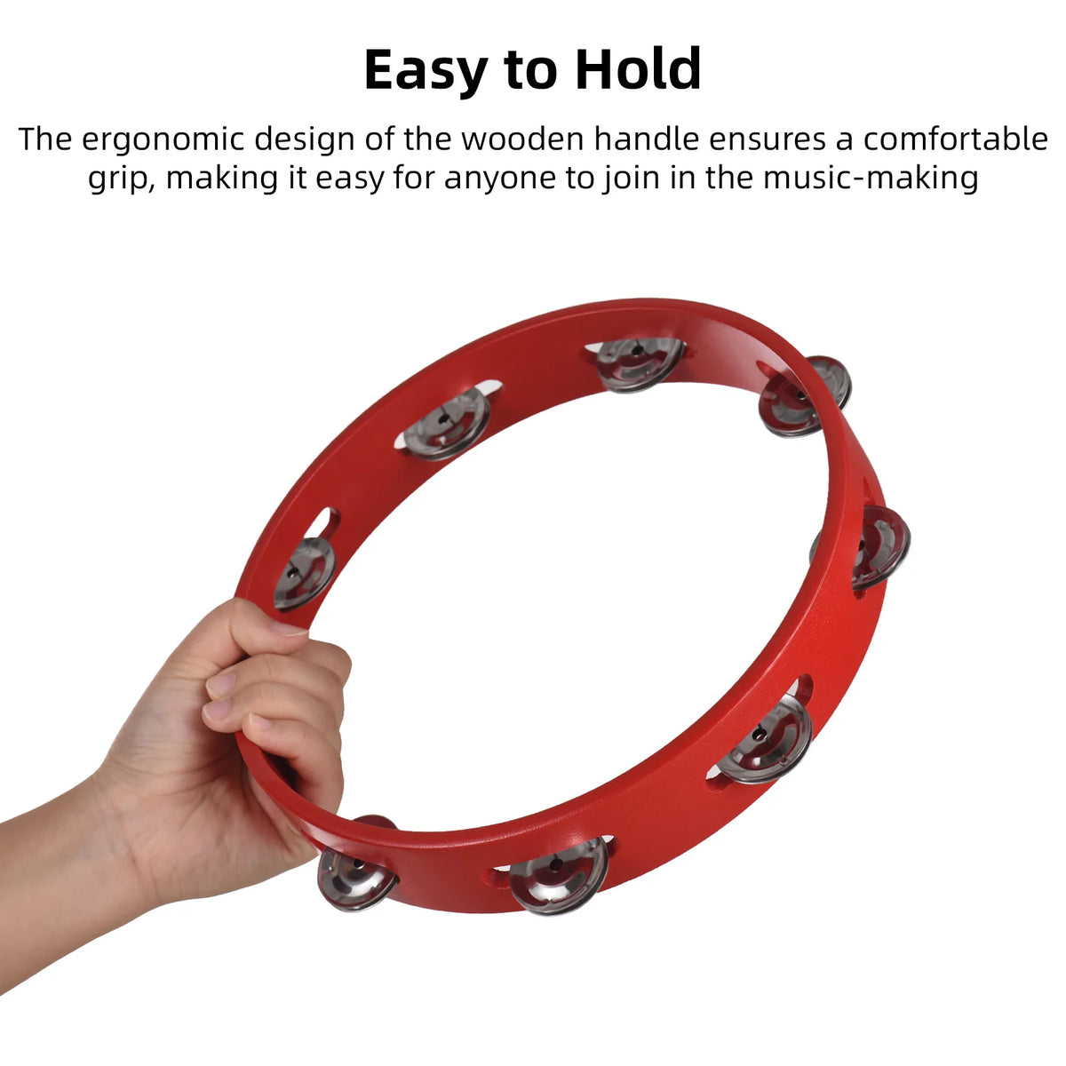 8-inch Tambourine for Adults Pleasant Jingle Sound Red Hand Cranked Bell Rings Wooden Metal Bell Sound Percussion Instruments HIP