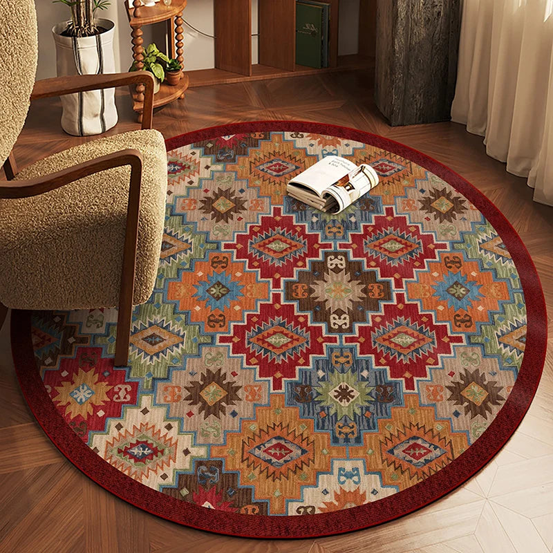 Round Boho Rug – Non-Slip Machine Washable Geometric Carpet Round Area Rug HIP