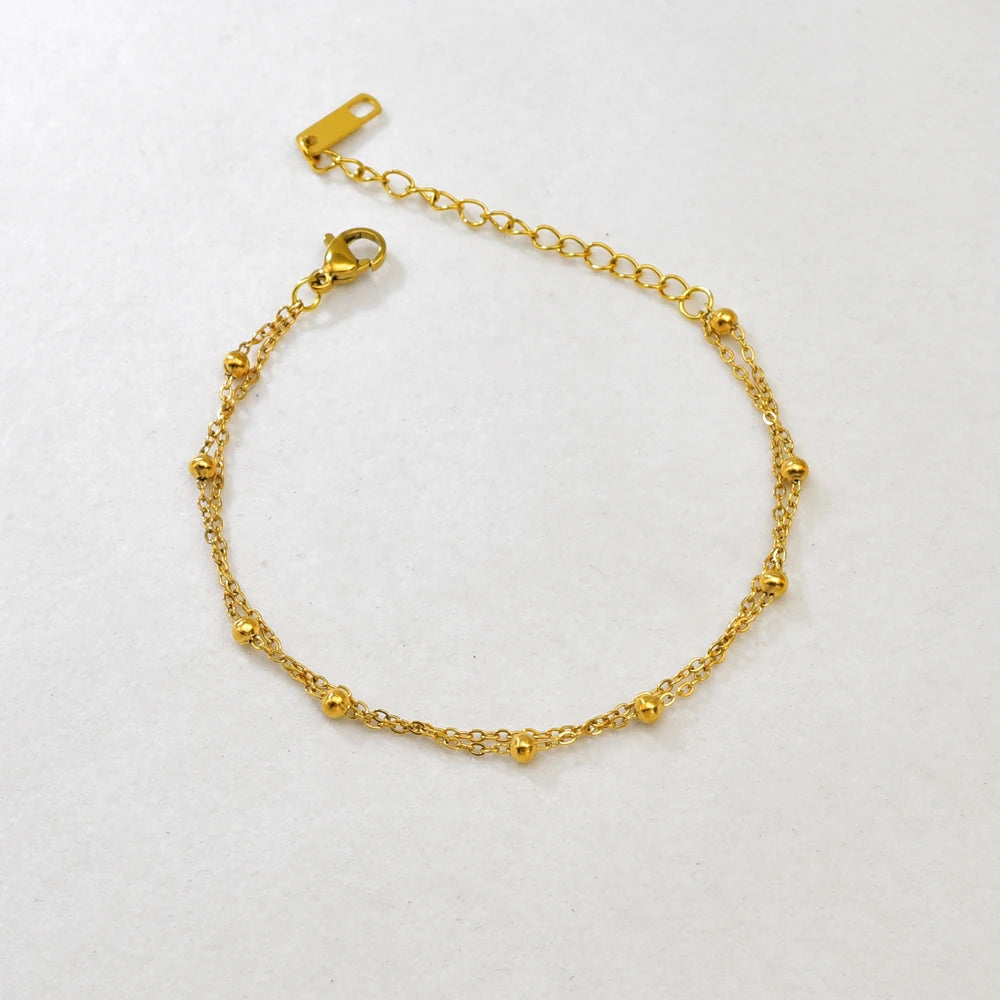 S09 Simple Korean style Double-layer round Ball Small ball Gold bead bracelet, stainless steel gold women's style HIP