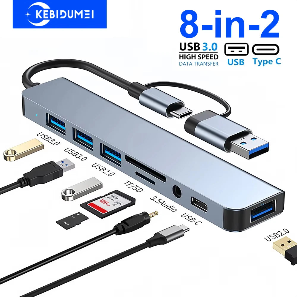 8-in-2 USB-C Hub Docking Station – 5Gbps 8 Ports USB-C Docking Hub HIP