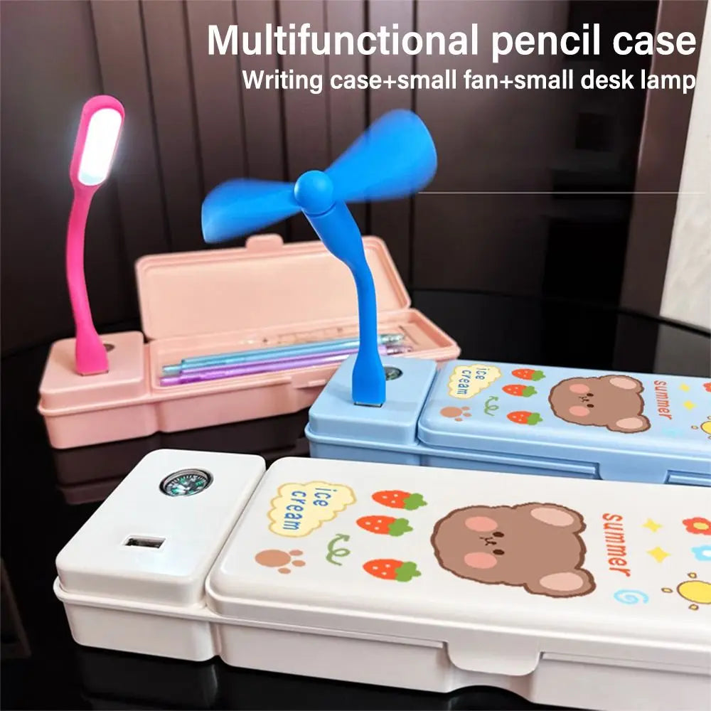 Double Layer Pencil Case with Fan, Desk Lamp & Compass Pencil Case Organizer HIP