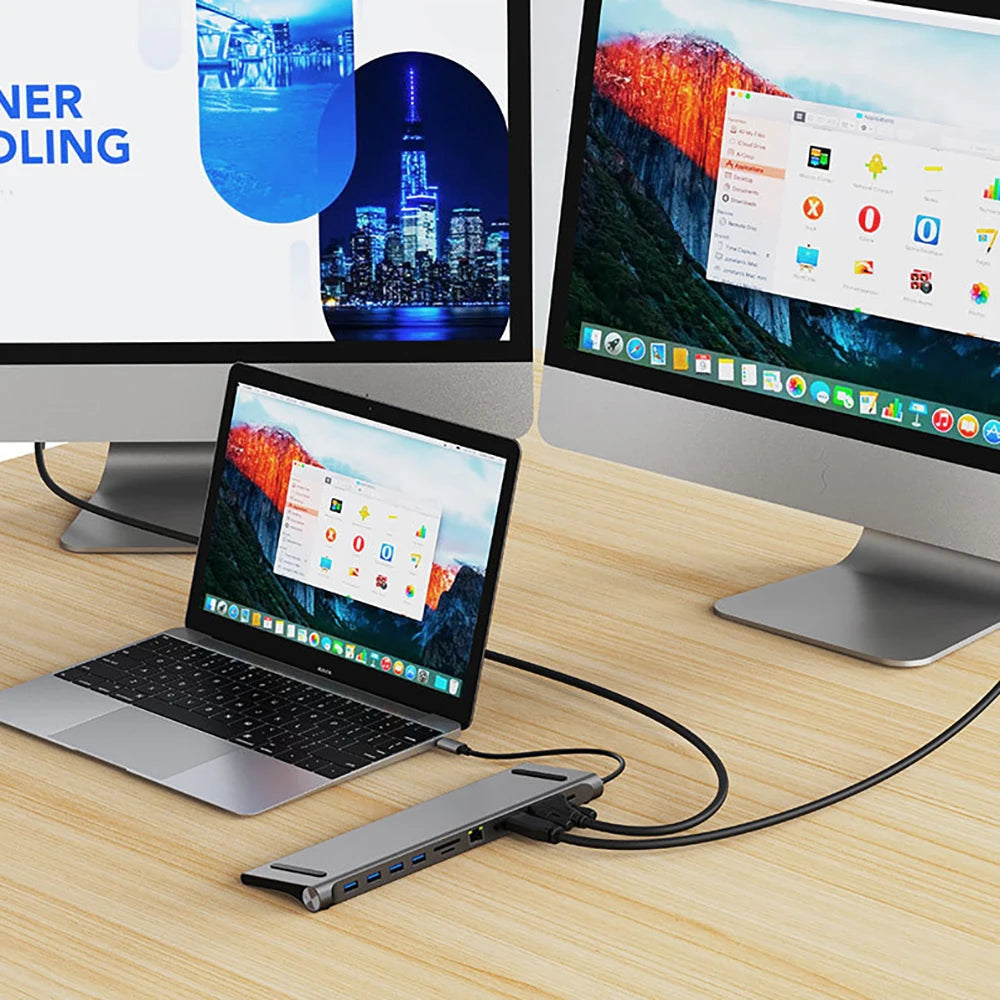 11-Port USB-C Hub Laptop Stand | 100W PD, 4K HDMI, RJ45 USB-C Docking Hub HIP
