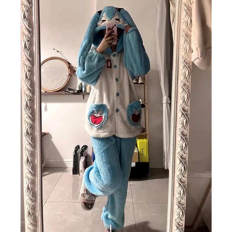 Hatsune Miku Coral Fleece Nightgown & Pants Set – Unisex Anime Sleepwear Set HIP