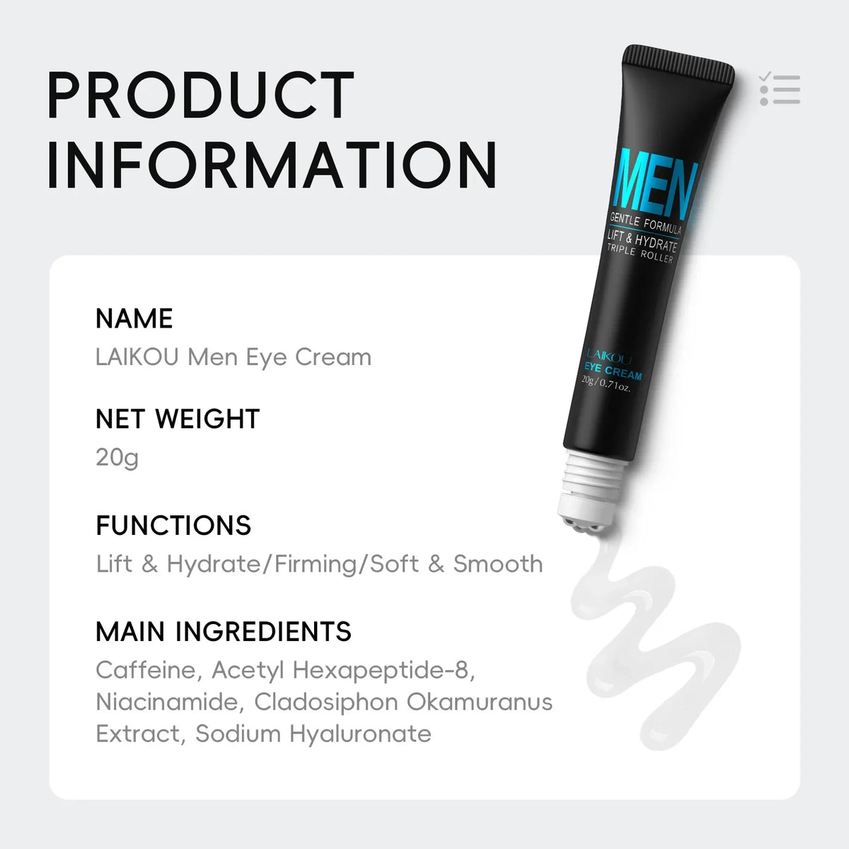 LAIKOU Men Eye Cream 20g | 3D Rollerball Hydrating Eye Care Men's Eye Cream HIP