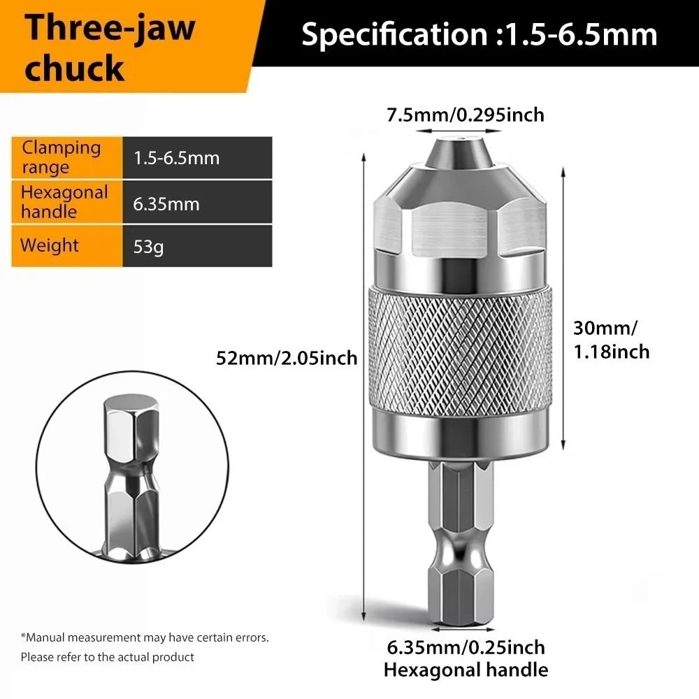 3-Jaw Keyless Drill Chuck Adapter 1.5–6.5mm | 1/4" Hex Shank Drill Chuck Adapter HIP