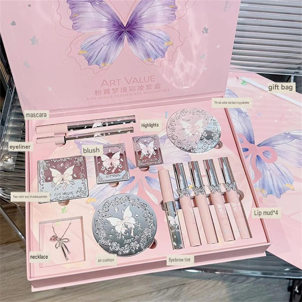 13Pcs Full Face Makeup Kit Butterfly Eyeshadow Blush Highlighter Contour Lip Mud Air Cushion Eye Brow Gel Mascara Necklace Gift HIP 13Pcs-1 Box