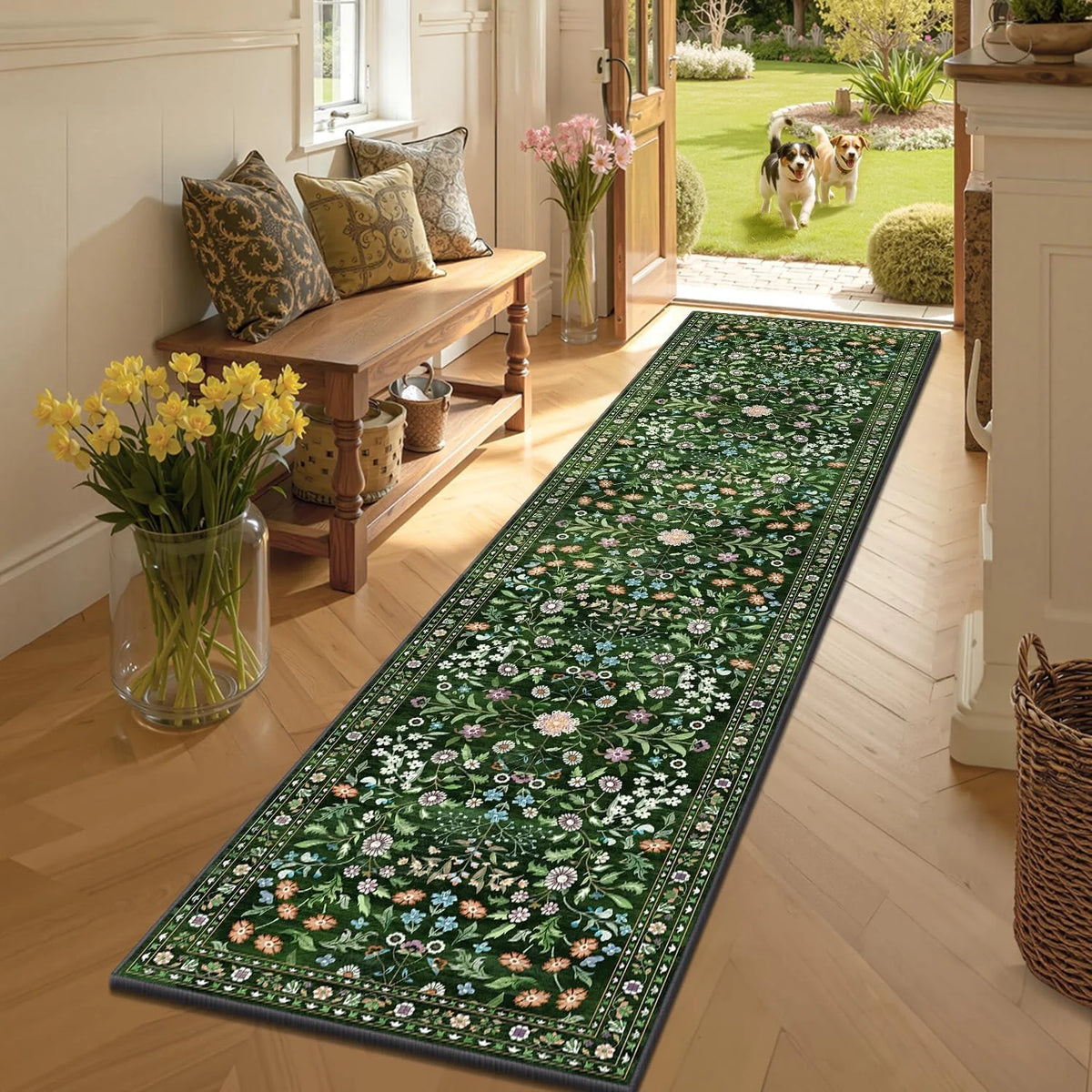 Vintage Green Floral Runner Rug – Non-Slip Wildflower Mat Floral Runner Rug HIP 1 50X150cm-Felt