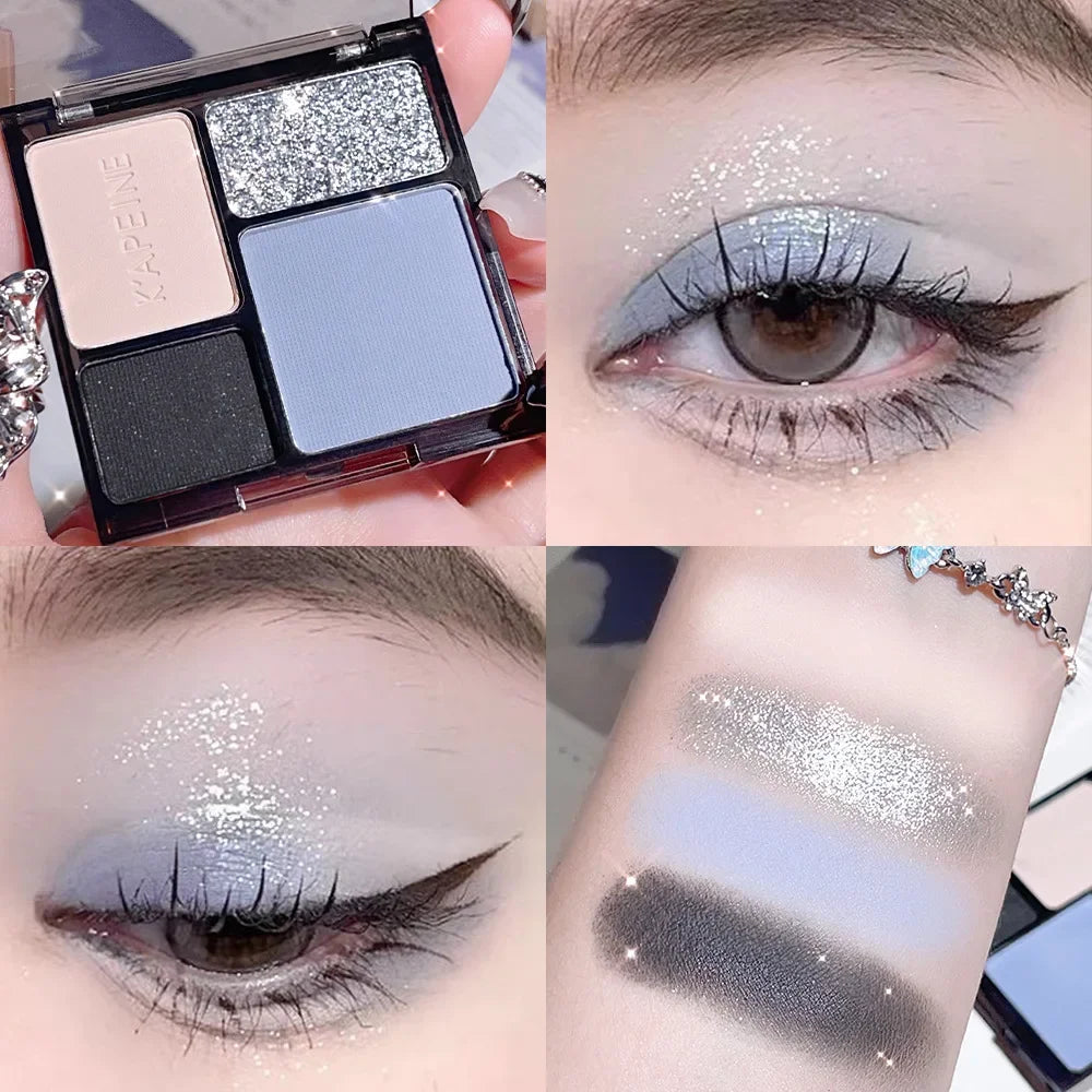 4-Color Glitter & Matte Eyeshadow Palette – Blue & Neutral Eyeshadow Palette HIP