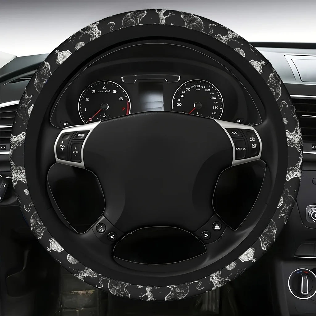 Black Cat Skull Gothic Steering Wheel Cover | Soft Grip Steering Wheel Cover HIP