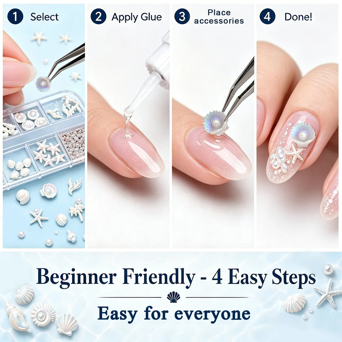 12 Grids Aurora White Blue Starfish Shell Conch Coconut Tree Pearl Nail Rhinestones Decorations Manicure Ocean Life Charms HIP