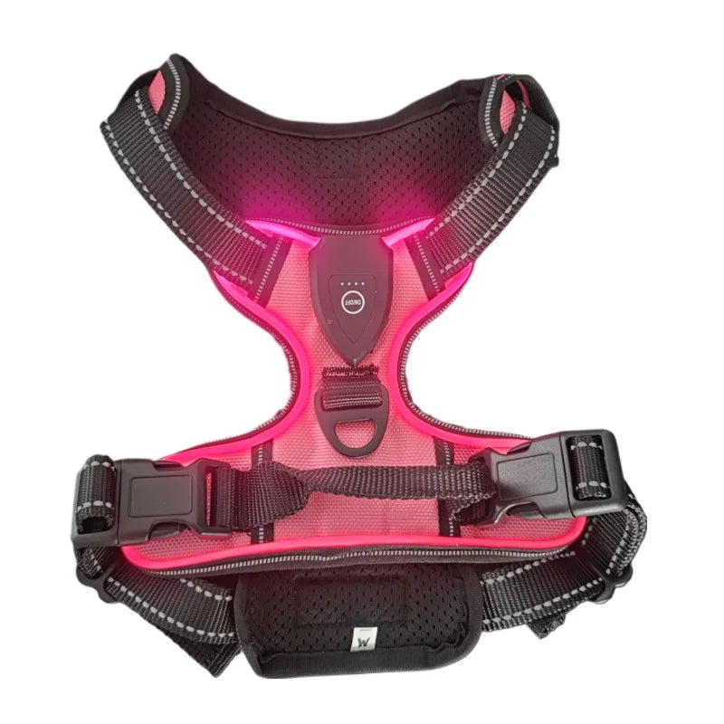 LED Light-Up Dog Harness – 3 Modes, Rechargeable Night Vest LED Dog Harness HIP Pink XL