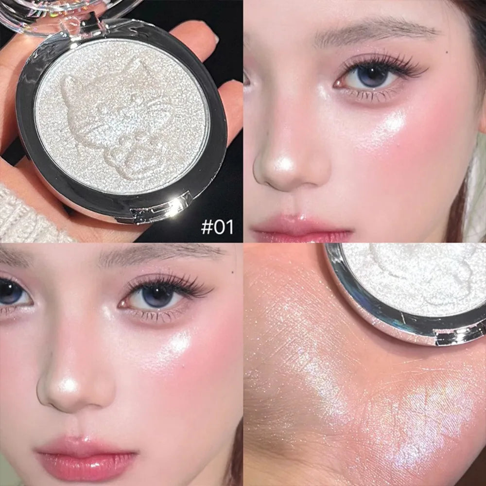 Cat Embossed Highlighter Powder Fine Shimmer Smooth Blue Pearlescent Glow Brightening Non-flying Highgloss Makeup Cosmetics HIP 01