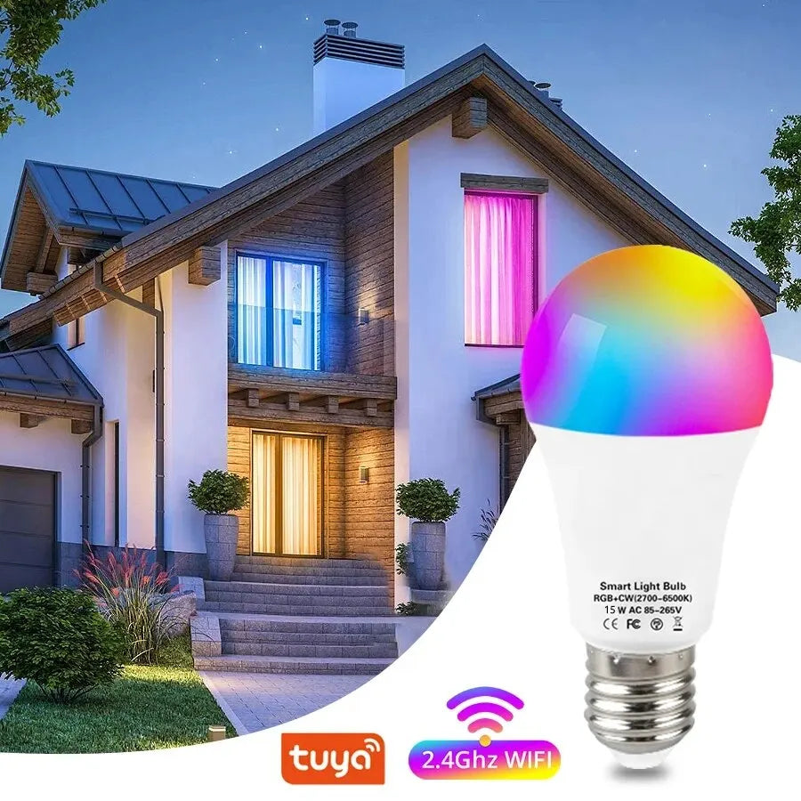 Tuya Bluetooth WiFi Smart Light Bulb E27 RGB LED Lamp 15W Voice Control Compatible with Alexa Google Home Smart Life App Remote HIP WiFi Bulb