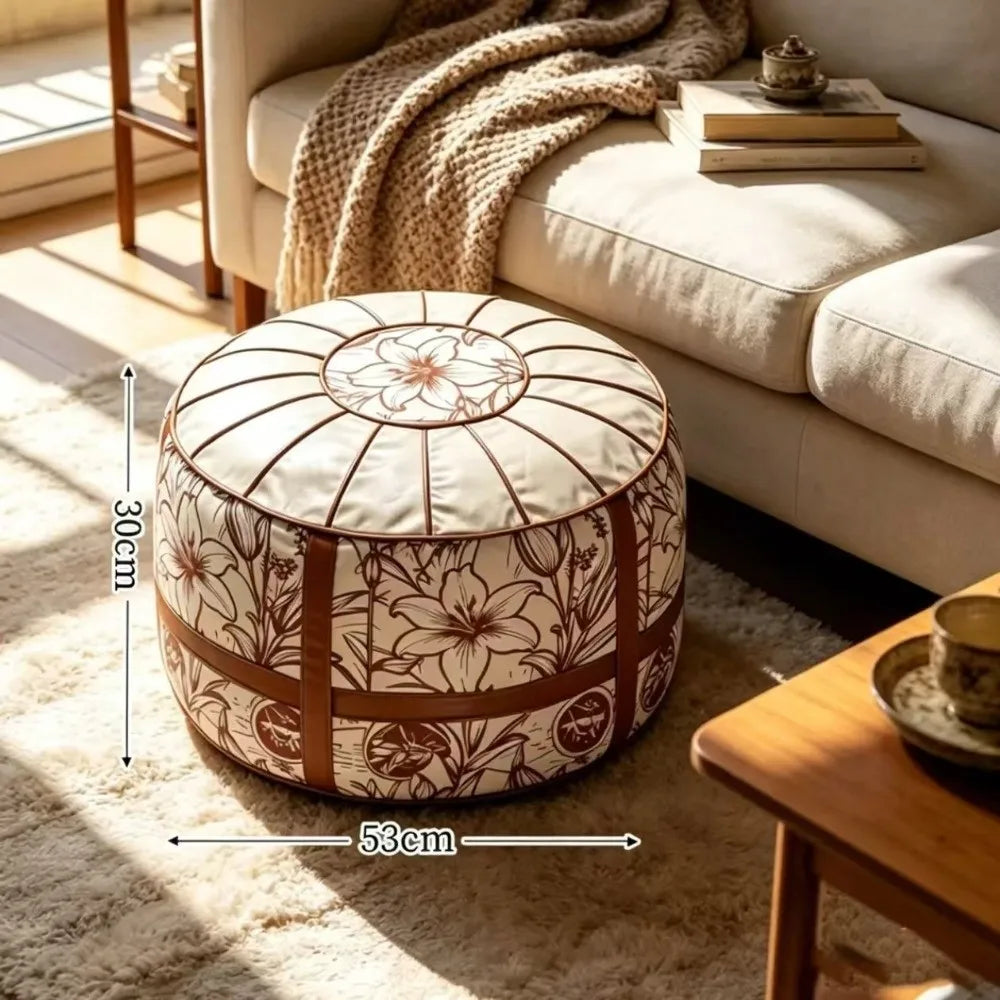 Boho PU Leather Storage Ottoman Pouf – Round Floor Seat Storage Ottoman Pouf HIP G