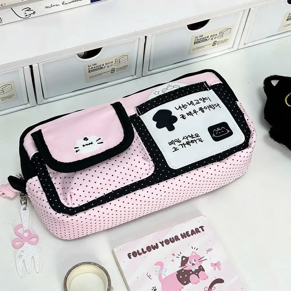 Kawaii Cat Pencil Case – Large Polka Dot Pen Bag for Students Pencil Case HIP
