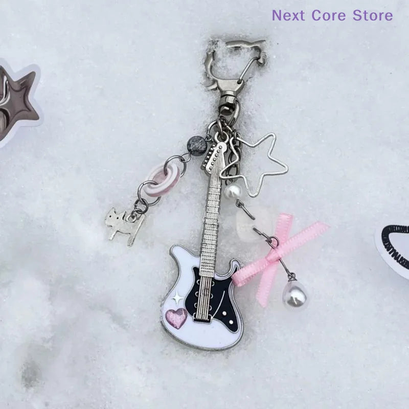 Y2K Guitar Cat Keychain – Rock Punk Pentagram Bow Pendant Fashion Keychain HIP