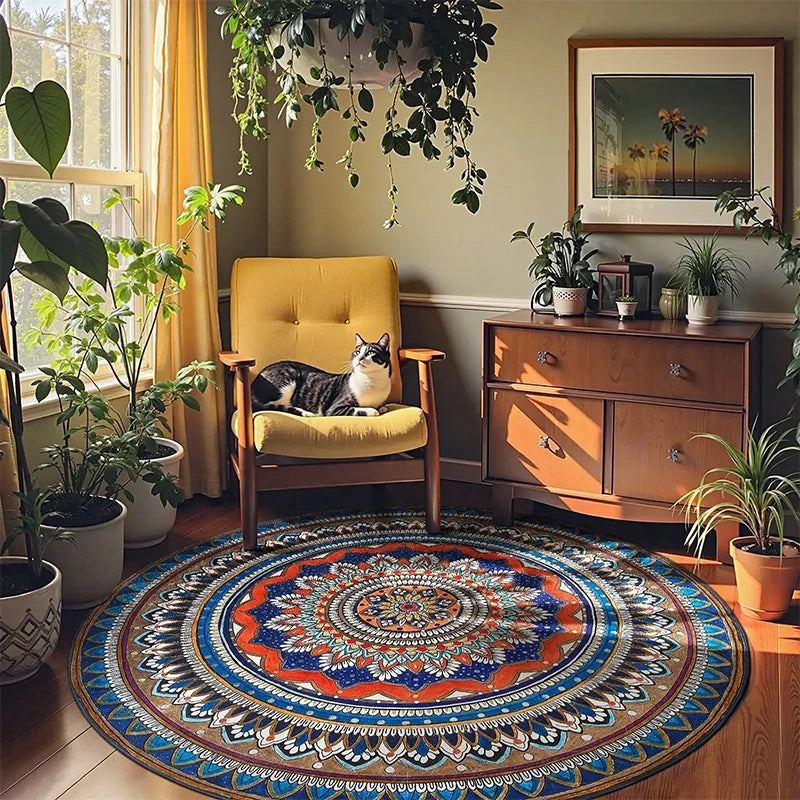 Round Washable Non-Slip Rug – Soft Retro Geometric Design Round Area Rug HIP