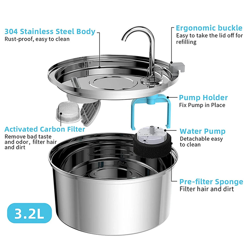 Stainless Steel Pet Water Fountain、3.2L/108oz、Auto、Ultra Quiet Pump、5/9Pcs Replacement Filters、Cats Dogs Multiple Pets HIP