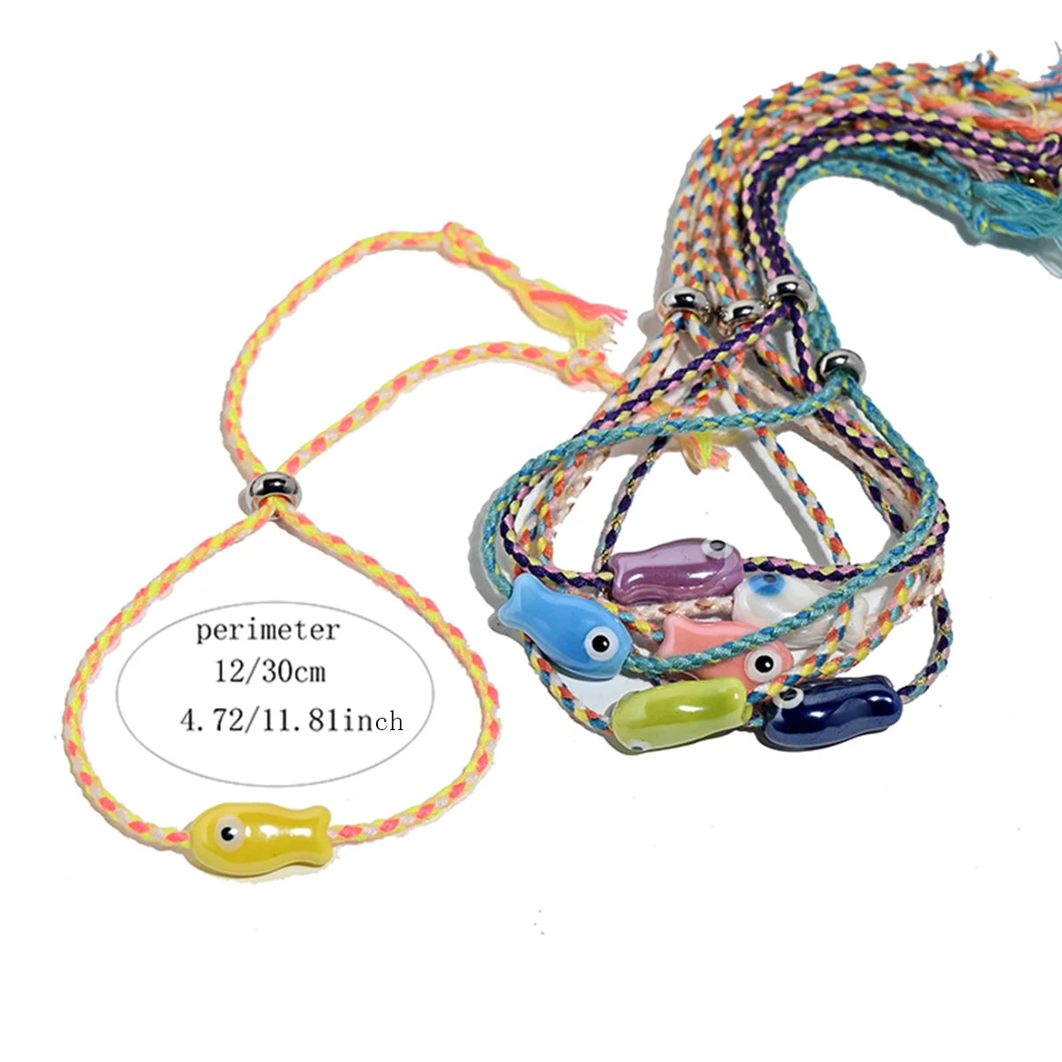 Set of 10Pcs Ceramic Fish Bracelet for Women Handmade Woven Colored Rope Boho Wrap Charm Bracelet Friendship Popular Jewelry HIP