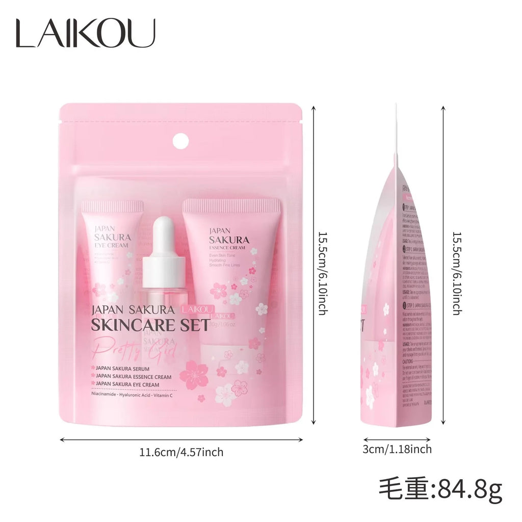 LAIKOU Sakura 3-Piece Skincare Set – Serum, Eye Cream & Essence Skincare Gift Set HIP LK89191E