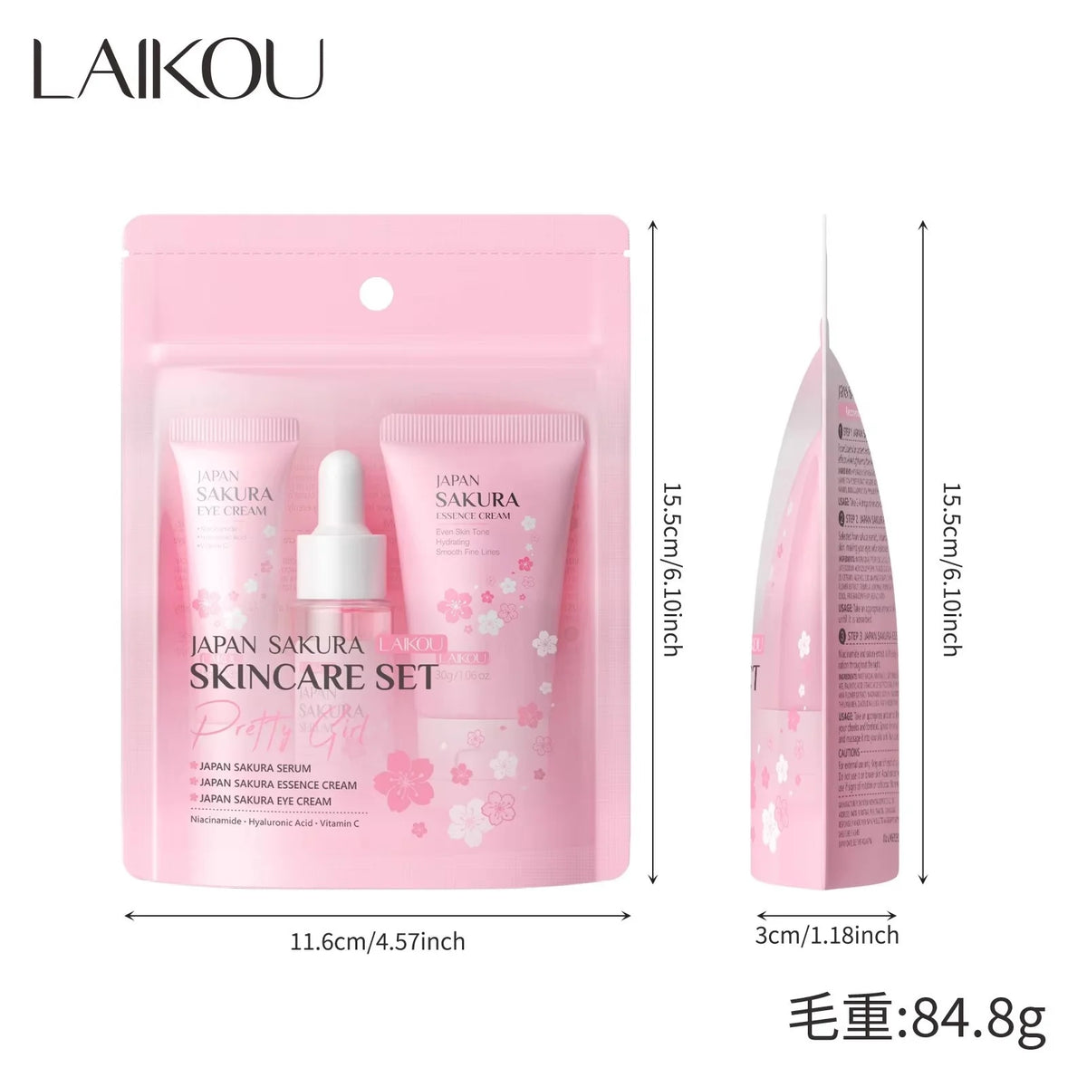 LAIKOU Sakura 3-Piece Skincare Set – Serum, Eye Cream & Essence Skincare Gift Set HIP LK89191E