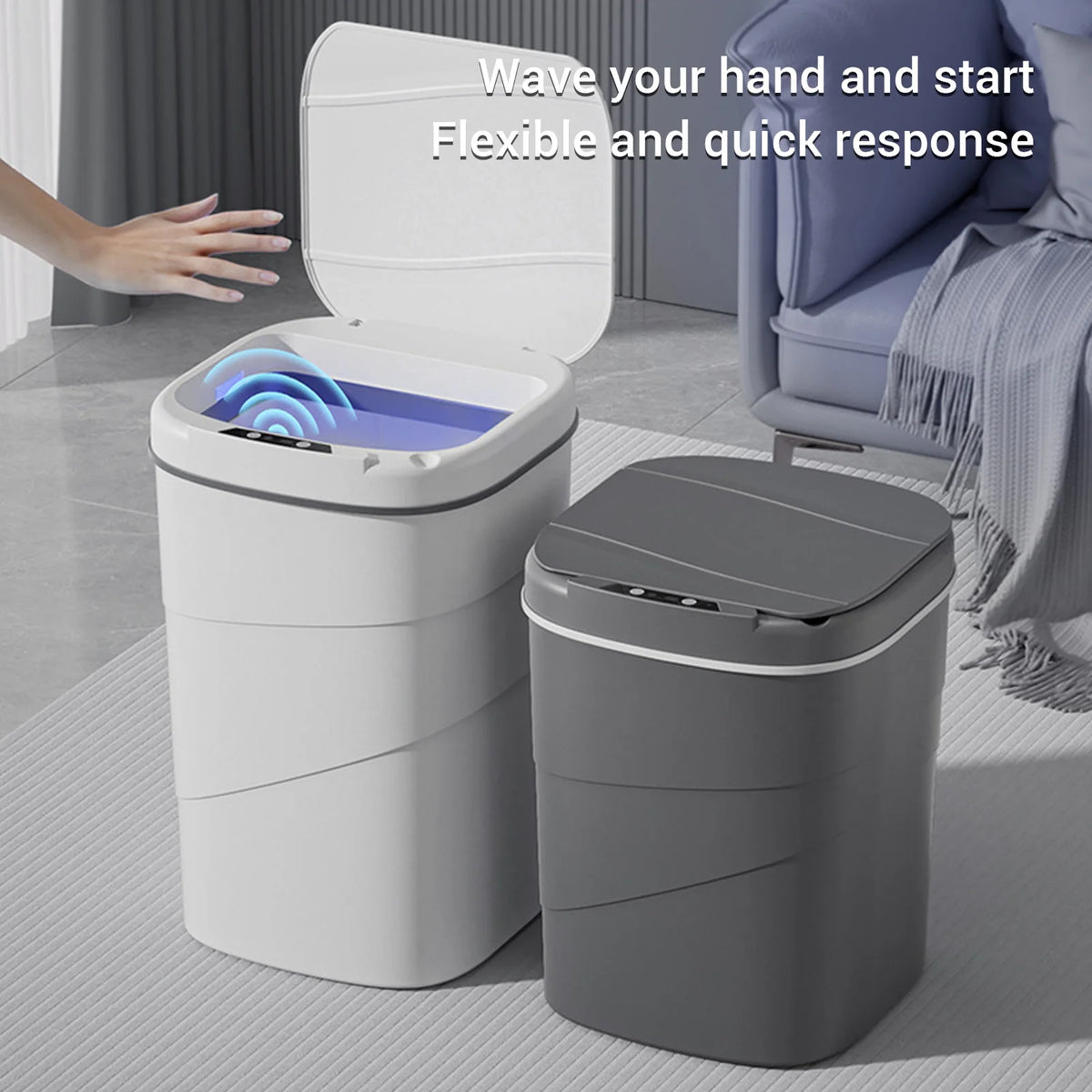 Motion Sensor Trash Can 18L Automatic Touchless Garbage Bin with Blue Luminous Press Ring for Bathroom Kitchen Living Room HIP
