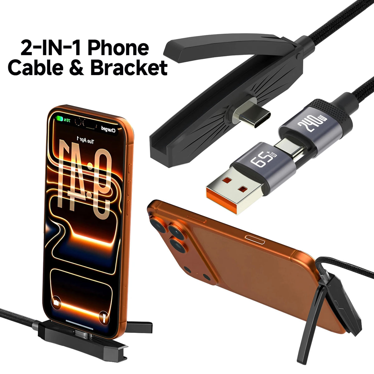 2-in-1 USB-C Fast Charge Cable & Foldable Phone Stand USB-C Charging Cable HIP