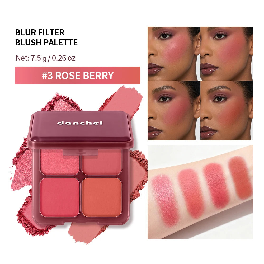 4 Shades Blush Palette Matte Shimmer Dual Texture Rich Pigment Long Lasting Soft Blur Compact Blush Daily Cheek Face Makeup HIP 3Rose Berry