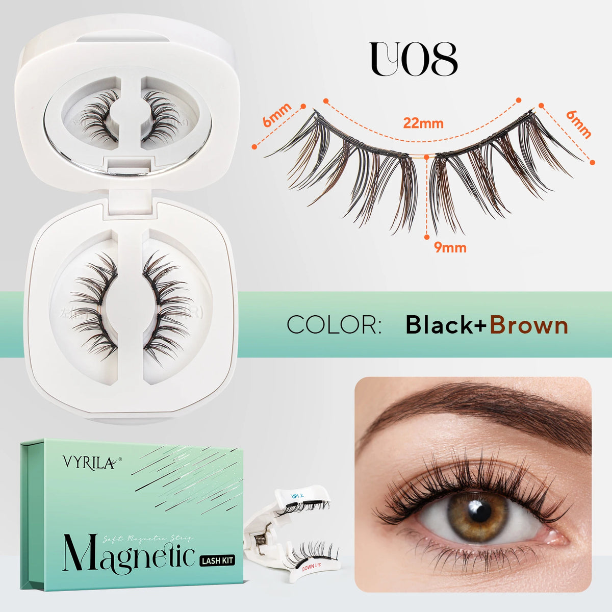 VYRILA Upgrade Magnetic Eyelashes Brown/Black Reusable Soft Magnetic Lash with Applicator Natural Look No Glue Needed Lashes Kit HIP U08 kit