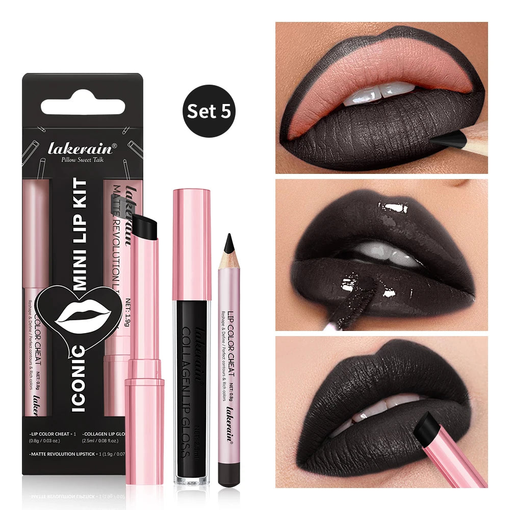 Waterproof Long Lasting Matte Black Lipstick Set Velvet Liquid Lip Gloss Lip Liner Set Red Stain Halloween Goth Makeup HIP