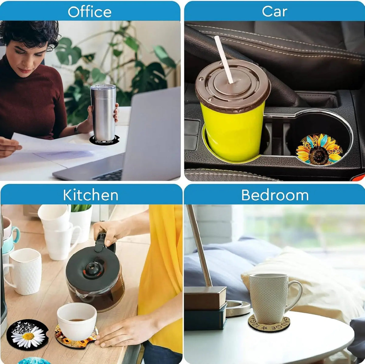 2-Pack Rainbow Sunflower Car Cup Holder Coasters | Non-Slip Car Cup Holder Coaster HIP