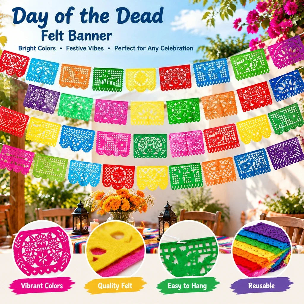 Reusable Day of the Dead Decor Banner Creative Colorful Skull Marigold Style Felt Banners Party Festival Garland Banner Ornament HIP