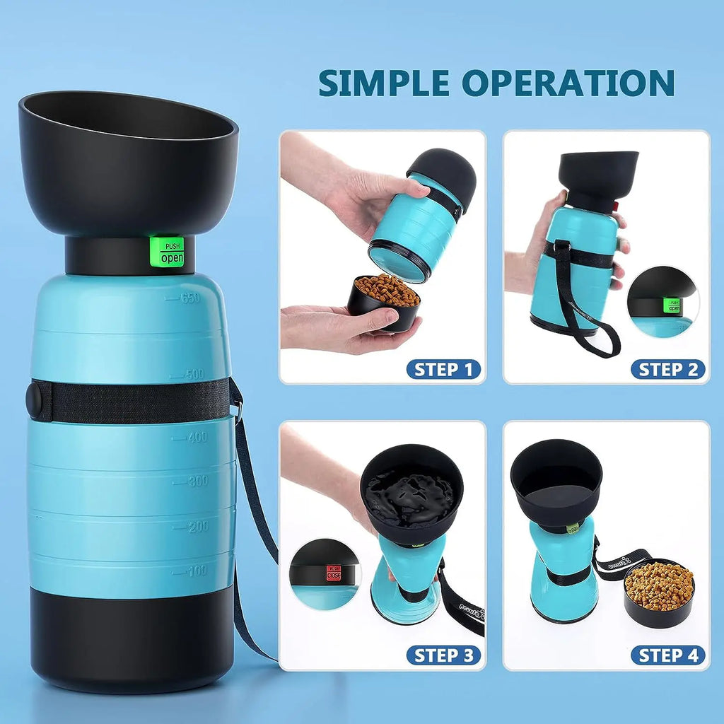 Portable Dog Water Bottle with Food Bowl & Container – 650ml Dog Travel Bottle HIP