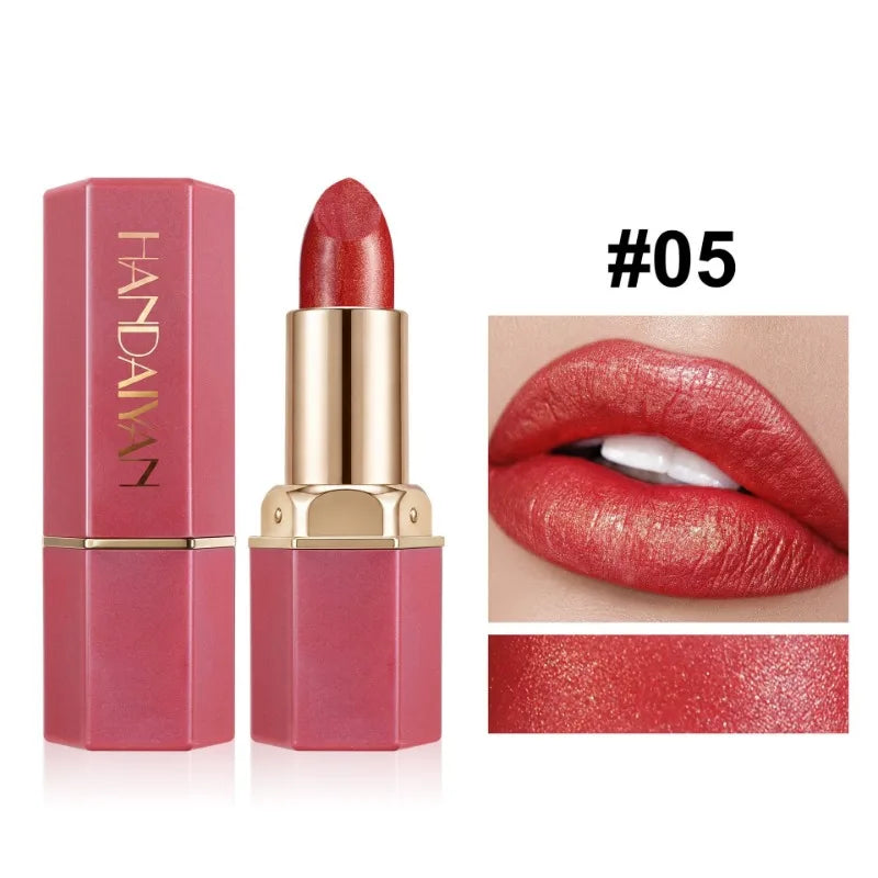 Pearlescent Glitter Lipstick Hexagonal Gold‑plated Tube Design Moisturizing Shiny Lip Stick Long Wear Non‑dry Women Lips Makeup HIP 05