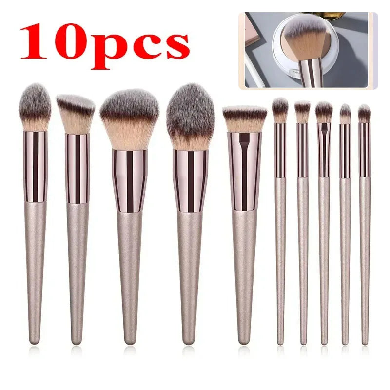 10-Pc Champagne Gold Vegan Makeup Brush Set | Full Face Kit Makeup Brush Set HIP