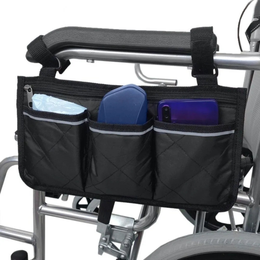 Wheelchair Armrest Hanging Bag – Multi-Pocket Waterproof Wheelchair Organizer Bag HIP Black