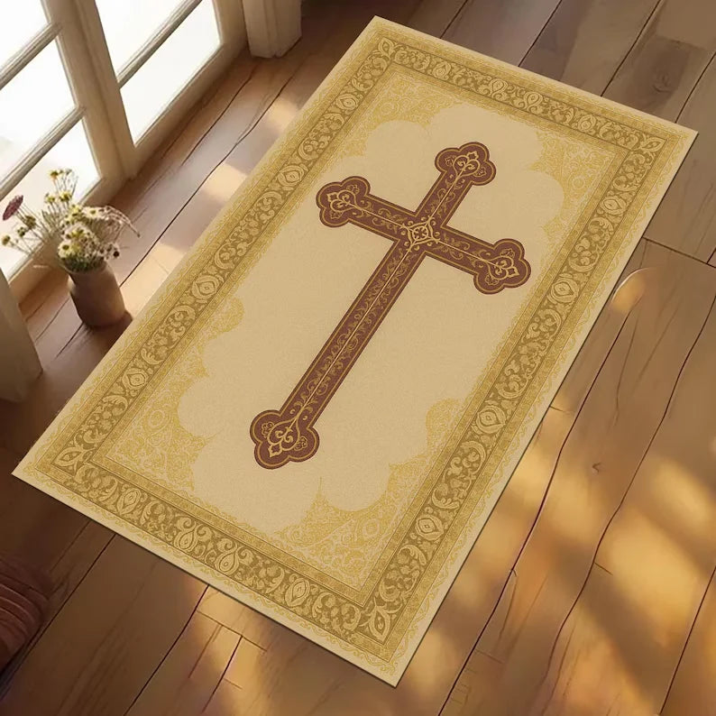 Gothic Red Gold Cross Prayer Rug – Baroque Religious Mat Religious Prayer Rug HIP 4 120x160cm-Felt